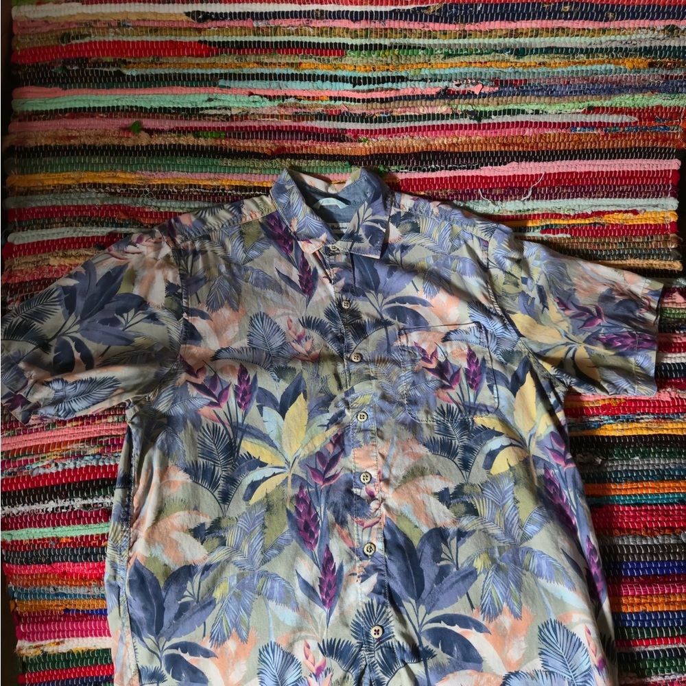Tommy Bahama Blue and Orange Leaf Print Shirt
